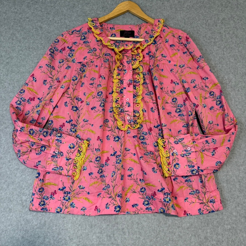 J. Crew Womens L Liberty Fabric Cotton Blouse Floral Ruffle Trim Pink